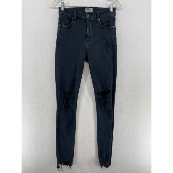 AGOLDE Jeans Women 27 Sophie High Rise Skinny Distressed Stretch Denim Black USA - Picture 1 of 16